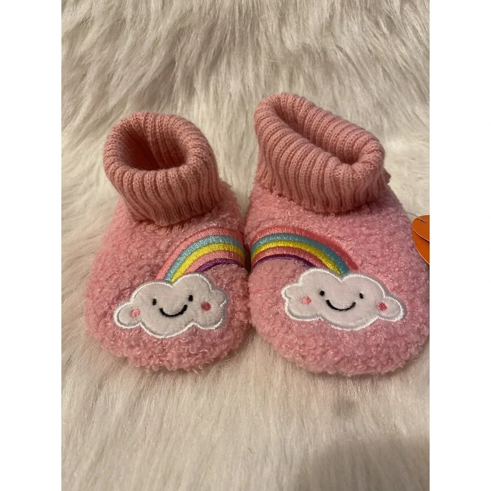 Wonder Nation Slippers Girls Size 4 Pink Fuzzy Rainbow Bootie Shoes‎